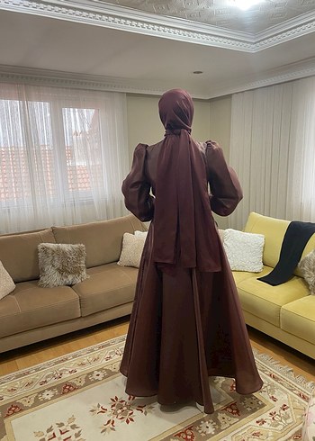 Acı kahve Kemerli Uzun Kollu Kadın Abiye Elbise - Görsel 4