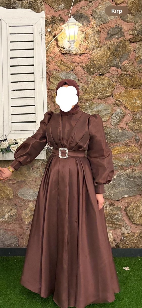 Acı kahve Kemerli Uzun Kollu Kadın Abiye Elbise - Görsel 2