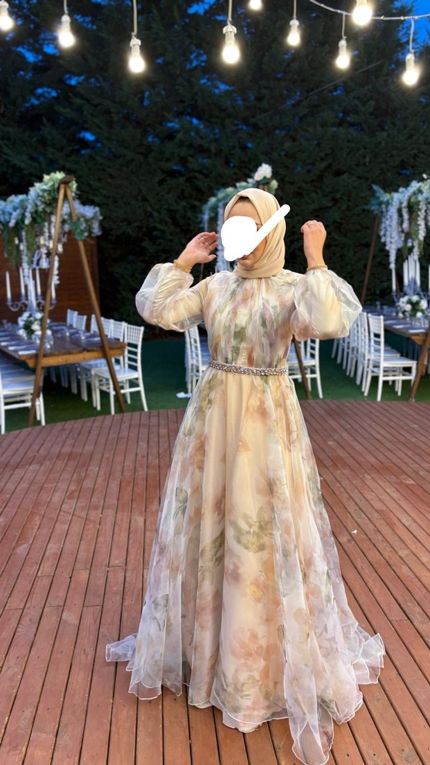 Ayşegül kalelio Pembe Çiçek Desenli Uzun Bohem Abiye - Görsel 2