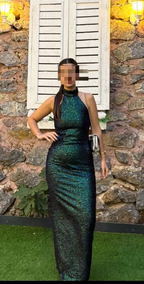 Yeşil Parlak Yılan Desenli Uzun Abiye Elbise - Görsel 2