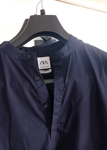 Zara Lacivert V Yaka Kısa Kollu kadın Gömlek