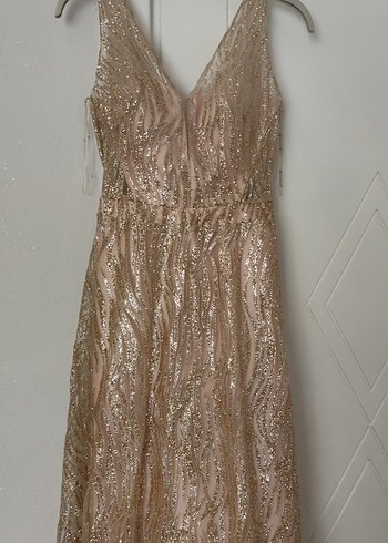 Bej Payetli Uzun Abiye Elbise - Görsel 3