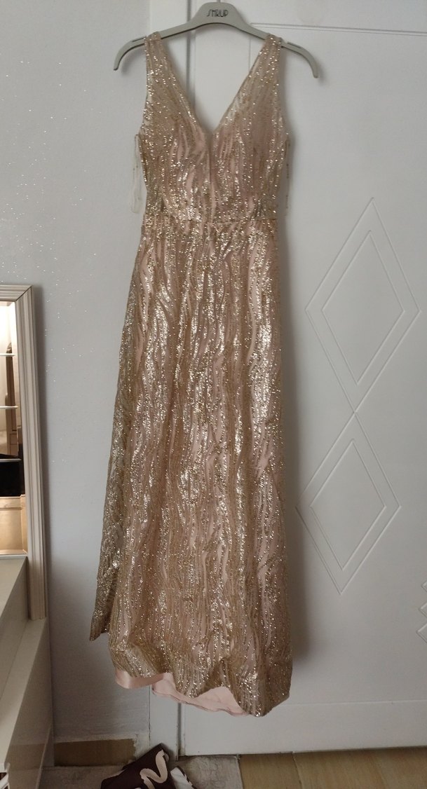 Bej Payetli Uzun Abiye Elbise - Görsel 2