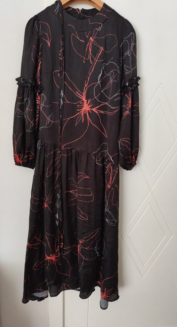 Bohem Siyah Çiçek Desenli Uzun Elbise - Görsel 2