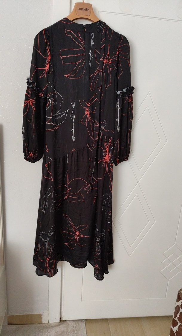 Bohem Siyah Çiçek Desenli Uzun Elbise - Görsel 5