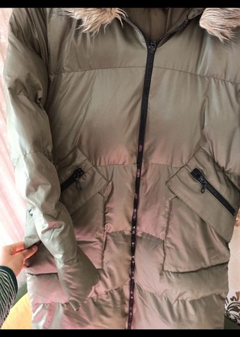 Kürk Detaylı Uzun haki Kadın Kışlık Mont - Görsel 5