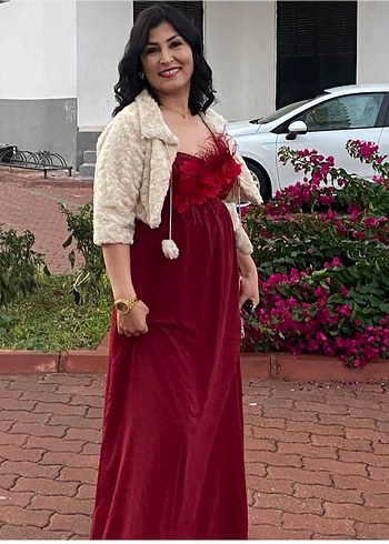 m Beden Bordo Çiçekli Fırfırlı Midi Abiye Elbise