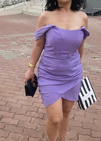 m Beden Mor Drapeli Straplez Mini Elbise
