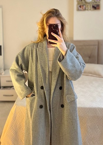 Stradivarius Stradivarius Balıksırtı Desenli gri Oversize Kaban