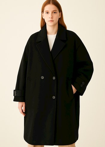 Siyah Çift Düğmeli Oversize Kaban