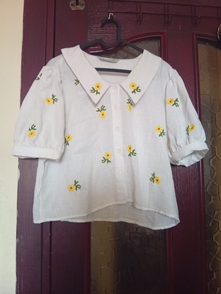 Nakışlı Beyaz Pamuklu Gömlek crop - Görsel 3