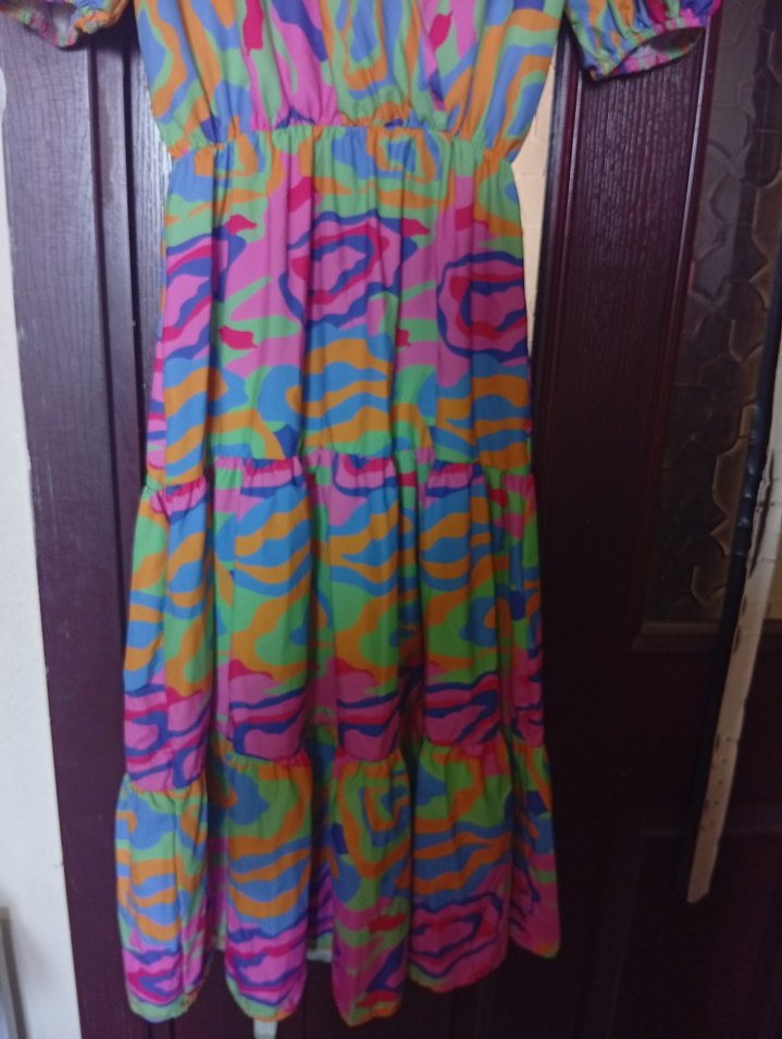 renkli geniş yakalı elbise diz boy - Görsel 2