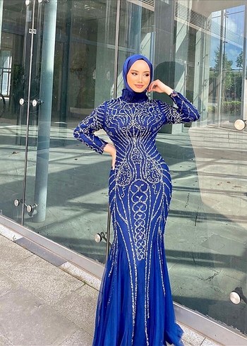 Lacivert taş işlemeli balık model tesettür abiye - Görsel 6