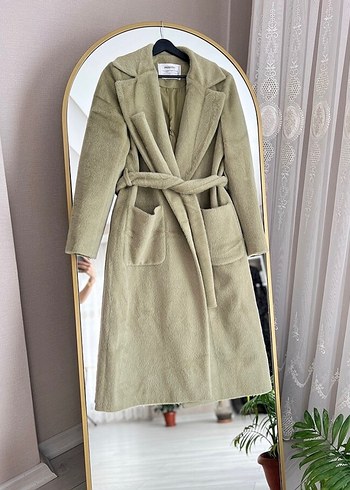Soft yeşil Kaşmir Kaşe Uzun Kemerli Kadın Kaban - Görsel 2