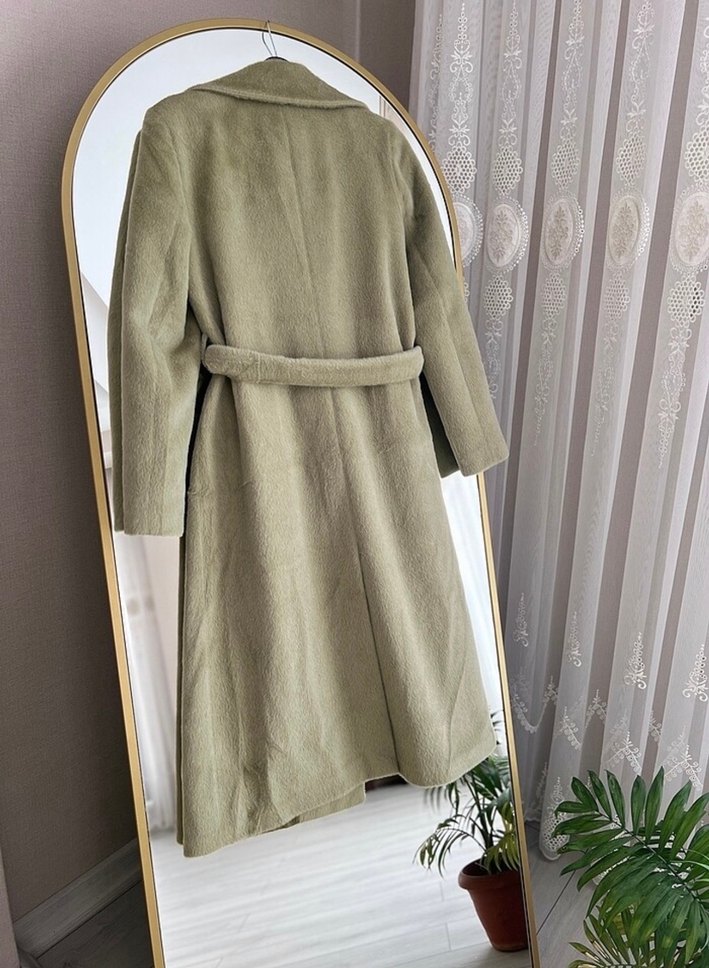 Soft yeşil Kaşmir Kaşe Uzun Kemerli Kadın Kaban - Görsel 3
