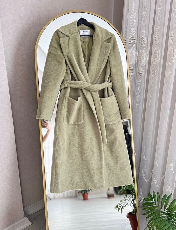 Soft yeşil Kaşmir Kaşe Uzun Kemerli Kadın Kaban - Görsel 2