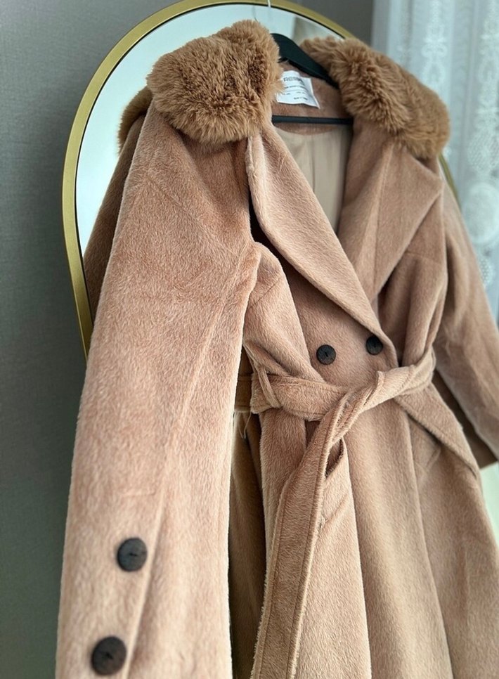 Yakası kürklü Kaşmir Kaşe Uzun Kadın Kaban - Görsel 3