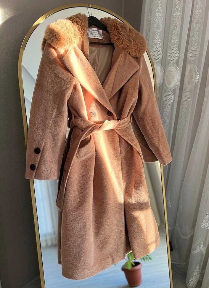 Yakası kürklü Kaşmir Kaşe Uzun Kadın Kaban - Görsel 2