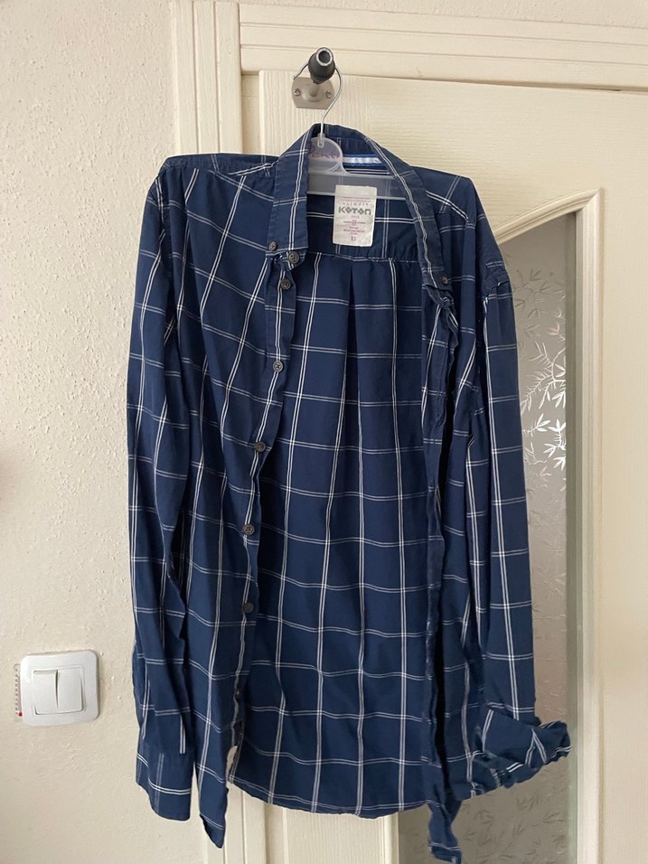 Mavi Ekoseli Uzun Kollu erkek  Keten Gömlek - Görsel 2