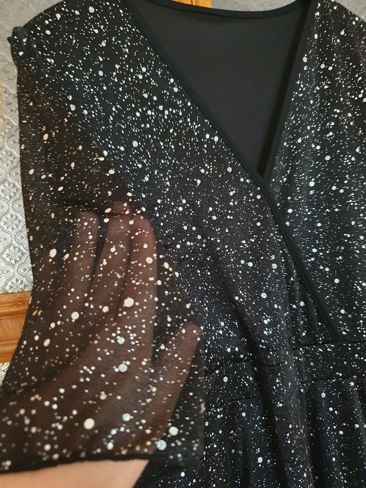 Siyah Simli V Yaka Uzun Abiye Elbise - Görsel 4