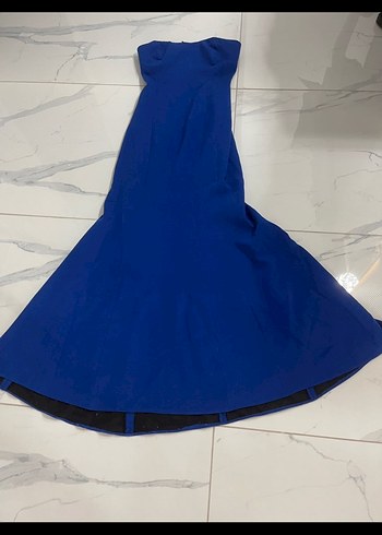 Uzun Mavi Drapeli Straplez Kadın Elbise - Görsel 4