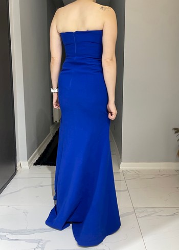 Uzun Mavi Drapeli Straplez Kadın Elbise - Görsel 3