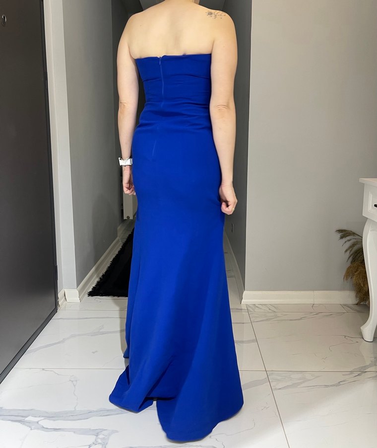 Uzun Mavi Drapeli Straplez Kadın Elbise - Görsel 3