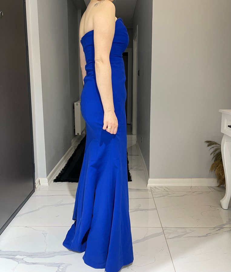 Uzun Mavi Drapeli Straplez Kadın Elbise - Görsel 2