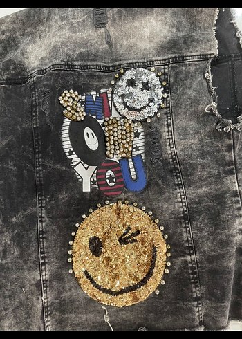 diğer Beden Düğmeli, Nakışlı, Kolsuz Gri Denim Yelek