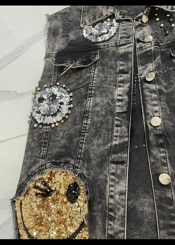 Diğer Düğmeli, Nakışlı, Kolsuz Gri Denim Yelek