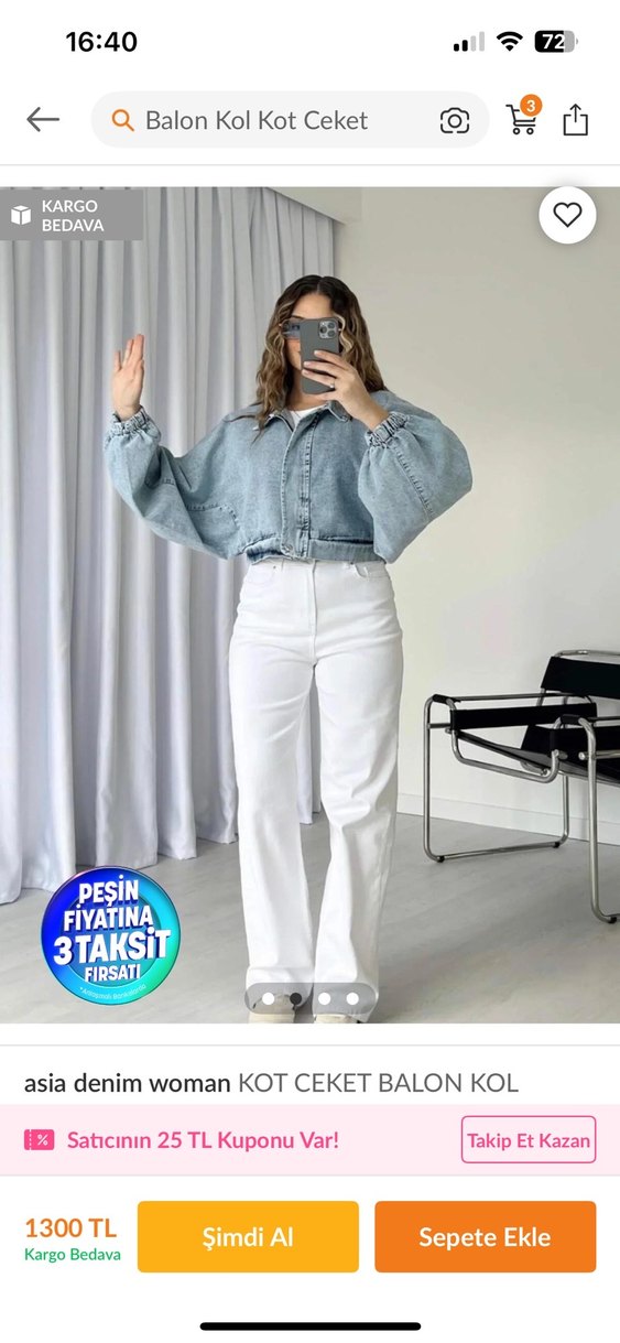 Asia Denim Kadın Balon Kol Kot Ceket - Görsel 2