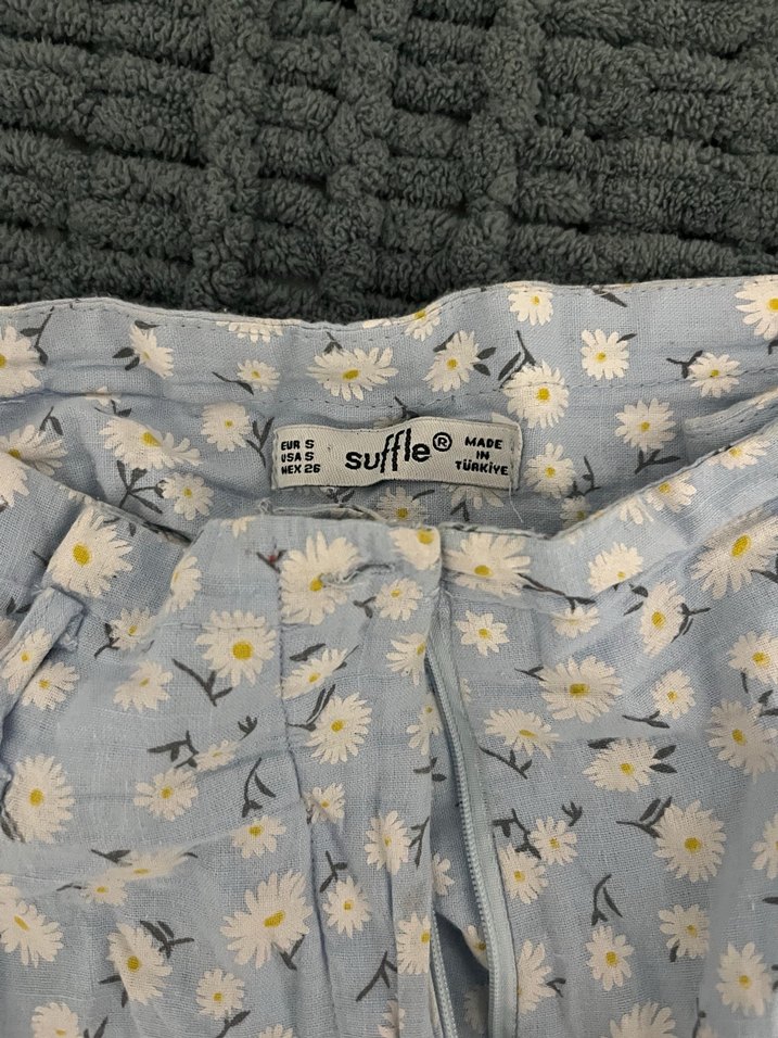 Mavi Çiçek Desenli Düğmeli Mini Etek - Görsel 2