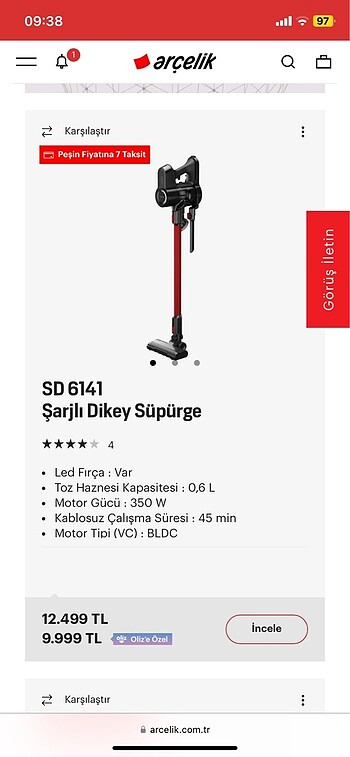 Arçelik dikey süpürge sıfır ayarında