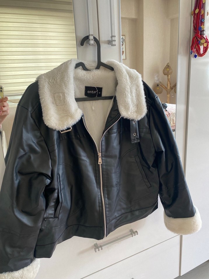 Siyah Deri, Kürklü Midi Kadın Ceket - Görsel 2