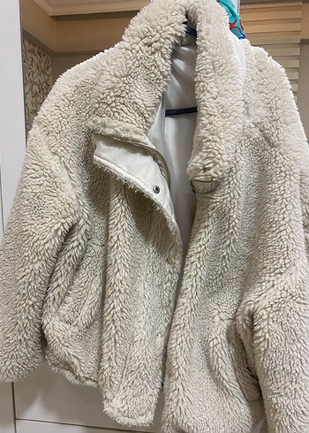 Bej Peluş Kadın Ceket Midi Boy - Görsel 2