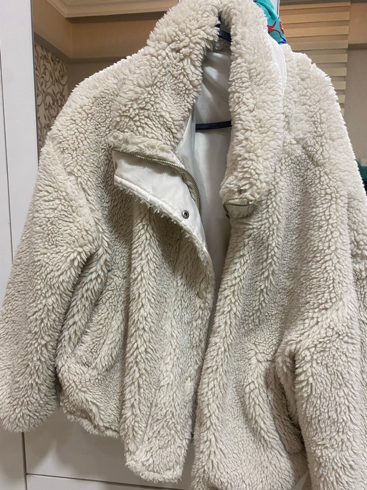 Bej Peluş Kadın Ceket Midi Boy - Görsel 2