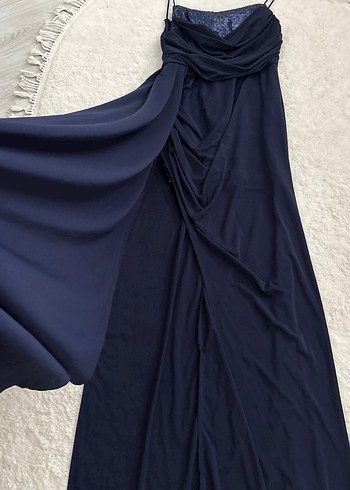 xl Beden lacivert Renk Uzun Lacivert Drapeli Straplez Kadın Abiye