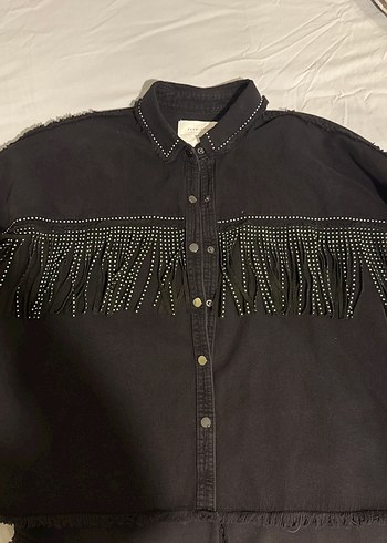 Siyah Nakışlı Püsküllü Bol Kesim Denim Ceket