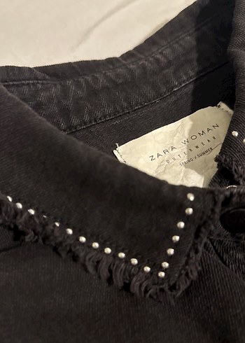 l Beden Siyah Nakışlı Püsküllü Bol Kesim Denim Ceket
