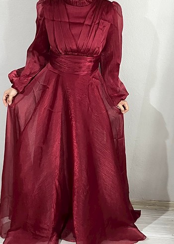 38 Beden bordo Renk Bordo Saten Uzun Kollu Yüksek Yakalı Elbise