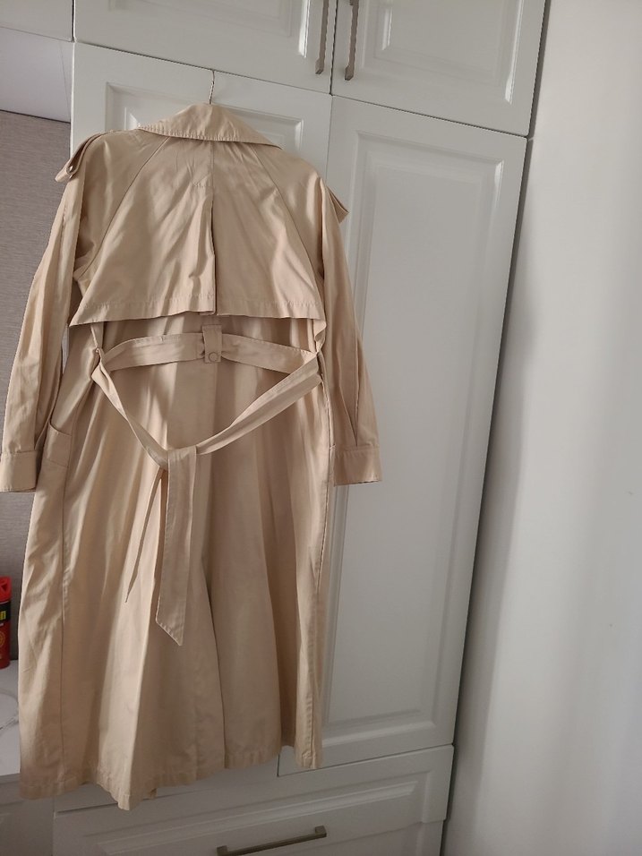 Bej Uzun Keten Kadın Trençkot - Görsel 4