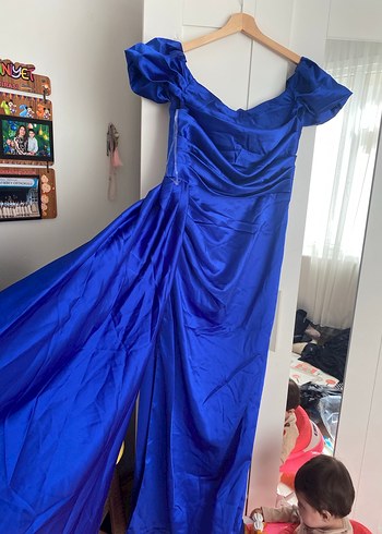 Uzun Drapeli Lacivert Abiye Elbise - Görsel 2