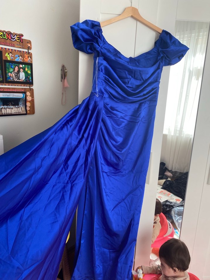 Uzun Drapeli Lacivert Abiye Elbise - Görsel 2