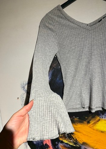 Gri V Yaka Uzun Kollu Örgü Mini Kazak - Görsel 2