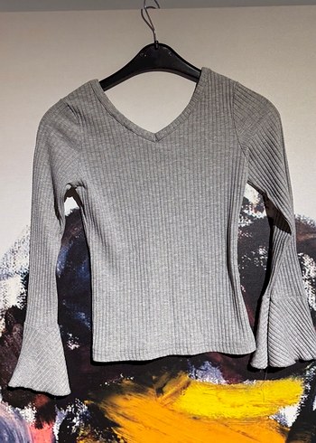 Gri V Yaka Uzun Kollu Örgü Mini Kazak - Görsel 5