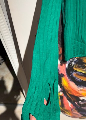 Yeşil Pilili Uzun Kollu Gömlek Yaka Bluz - Görsel 2