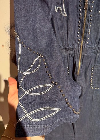 Nakışlı Uzun Kot Tulum Kadın - Görsel 6