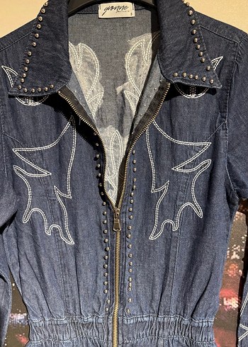 Nakışlı Uzun Kot Tulum Kadın - Görsel 4