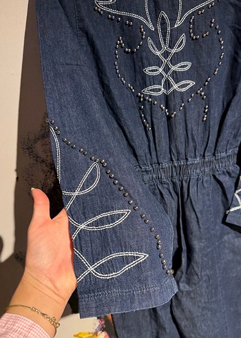 Nakışlı Uzun Kot Tulum Kadın - Görsel 9