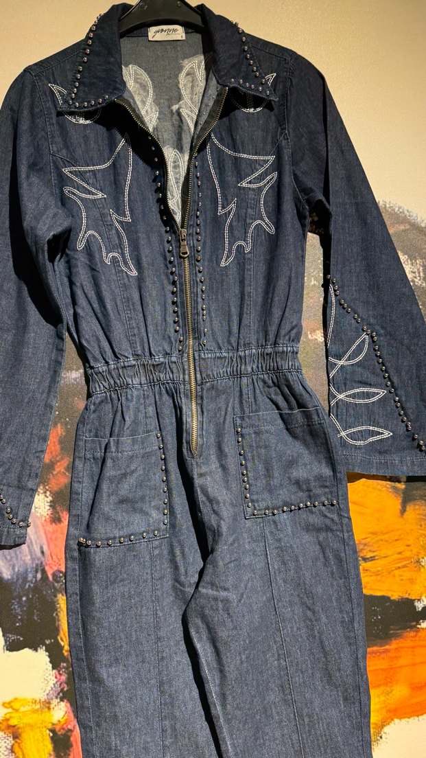 Nakışlı Uzun Kot Tulum Kadın - Görsel 3